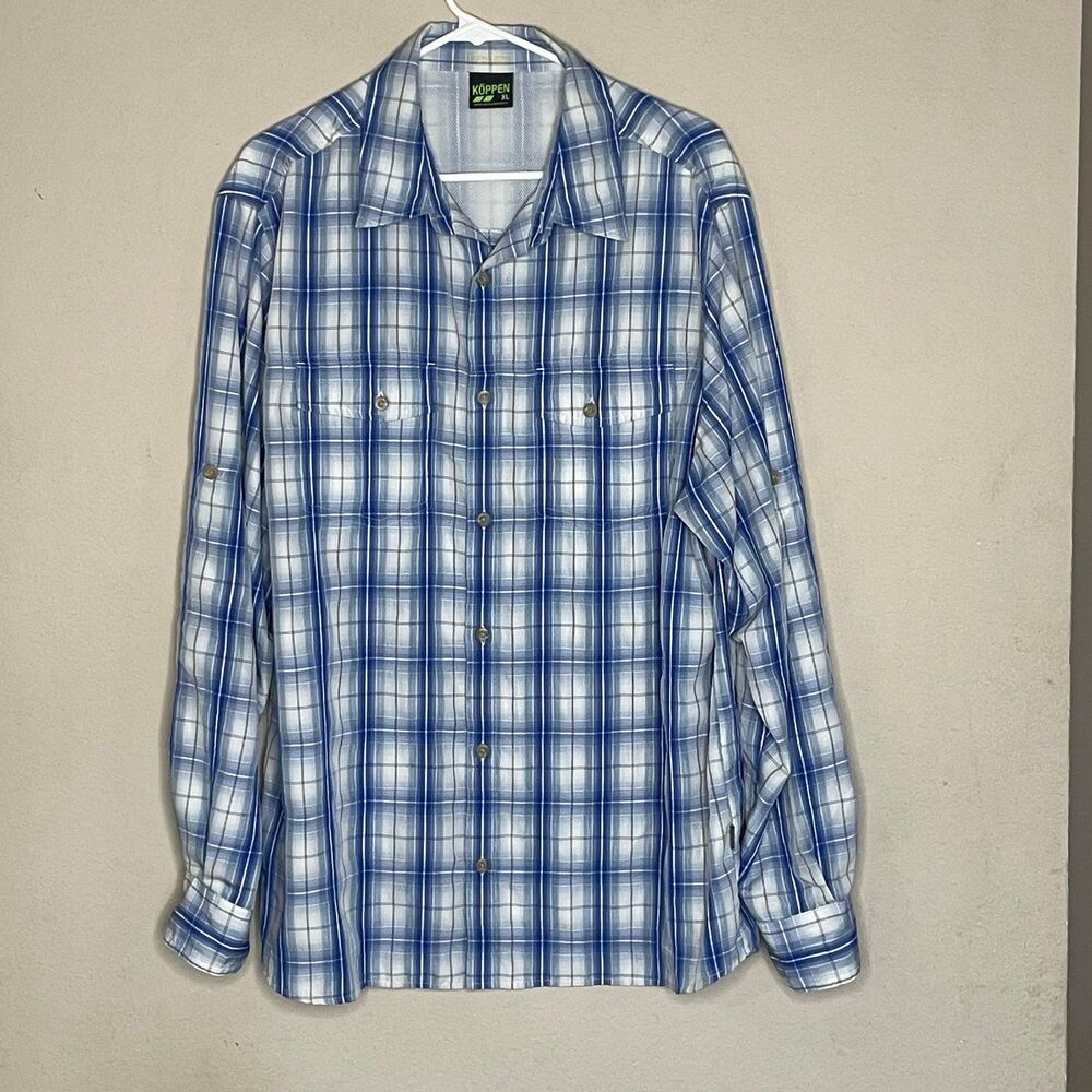 Size XL Koppen No Fly Zone Shirt Mens Medium Blue Plaid Button Down Long Sleeve